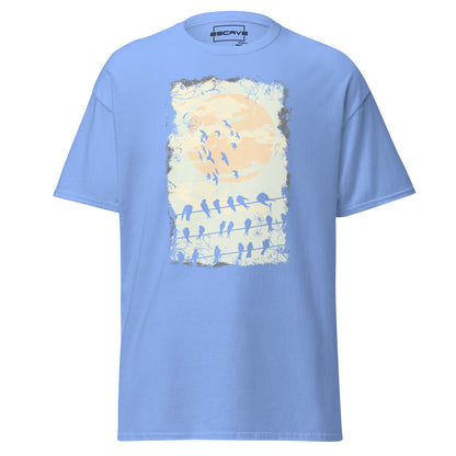 Birds at Twilight T-Shirt featuring silhouettes of birds perched on wires against a glowing moonlit sky, symbolizing freedom, connection, and the beauty of nature's transitions