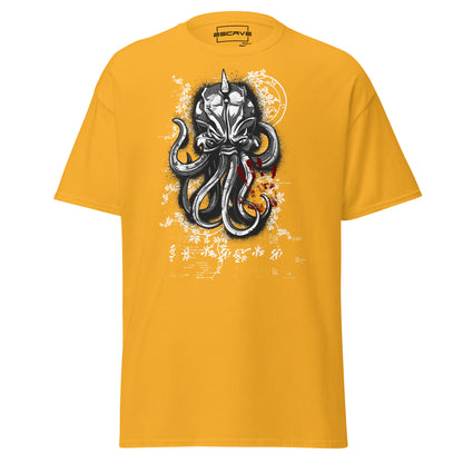 Evil Octopus Mask Tentacle Terror T-Shirt featuring a sinister octopus with a mysterious mask and coiled tentacles, symbolizing nautical folklore and dark, bold aesthetics.