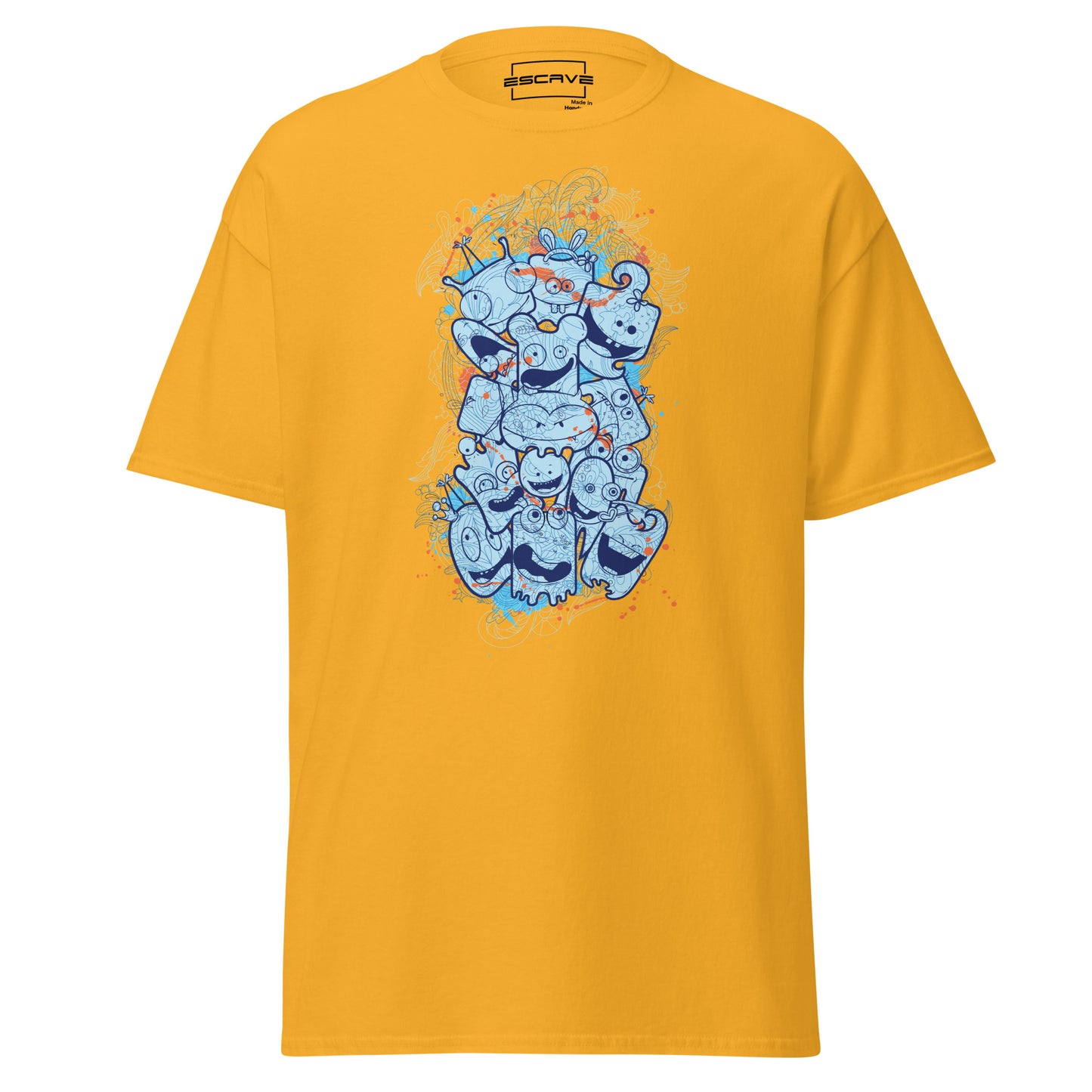 abstract graphic t-shirt featuring a vibrant doodle-style design of quirky cartoon faces and intricate patterns in blue and orange tones, set against a solid background. perfect for bold and creative fashion statements.