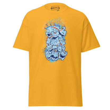 Abstract graphic T-shirt featuring a vibrant doodle-style design of quirky cartoon faces and intricate patterns in blue and orange tones, set against a solid background. Perfect for bold and creative fashion statements.