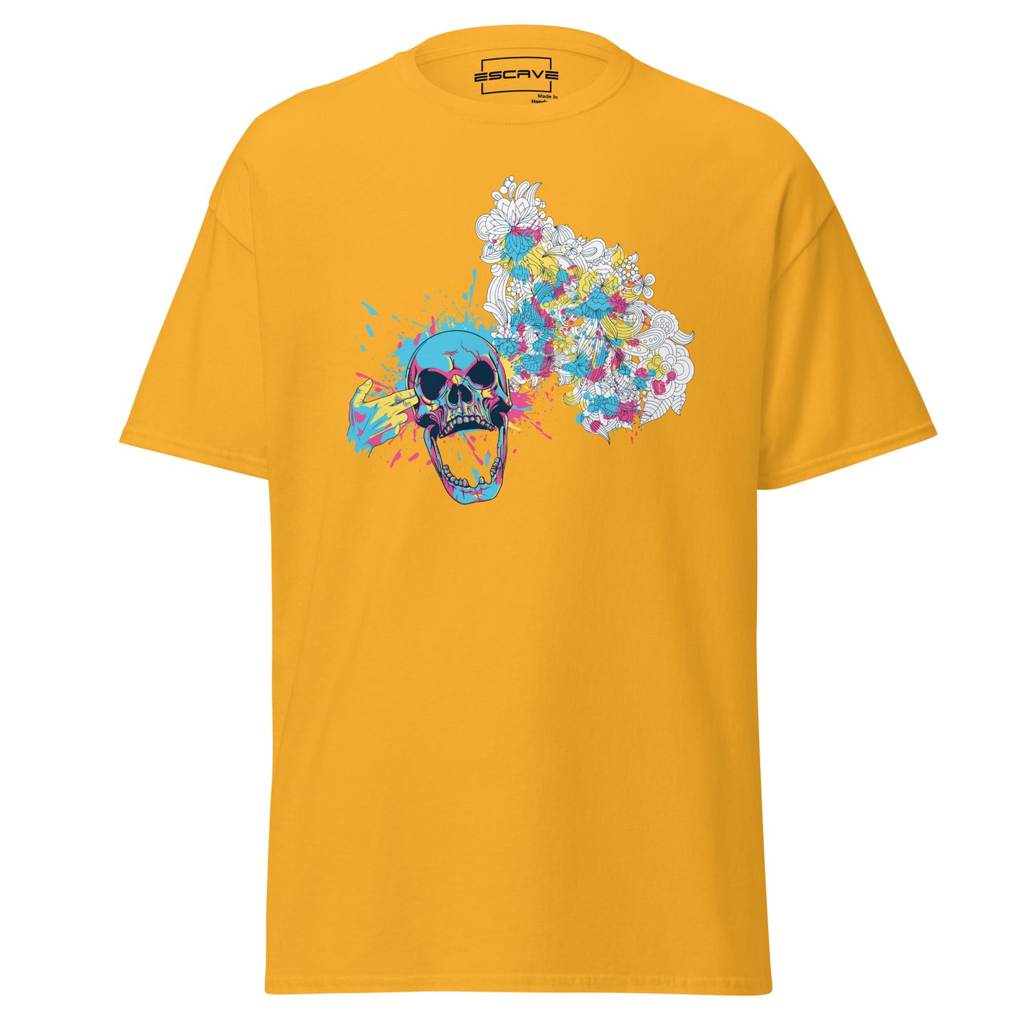 a weathered skull surrounded by soft, blooming flowers symbolizes life's delicate balance in the skull and blossoms t-shirt. this artistic design captures the harmony between strength and grace, blending bold contrasts with timeless beauty.