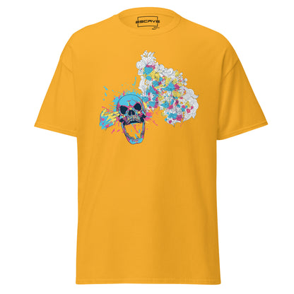 A weathered skull surrounded by soft, blooming flowers symbolizes life's delicate balance in the Skull and Blossoms T-Shirt. This artistic design captures the harmony between strength and grace, blending bold contrasts with timeless beauty.