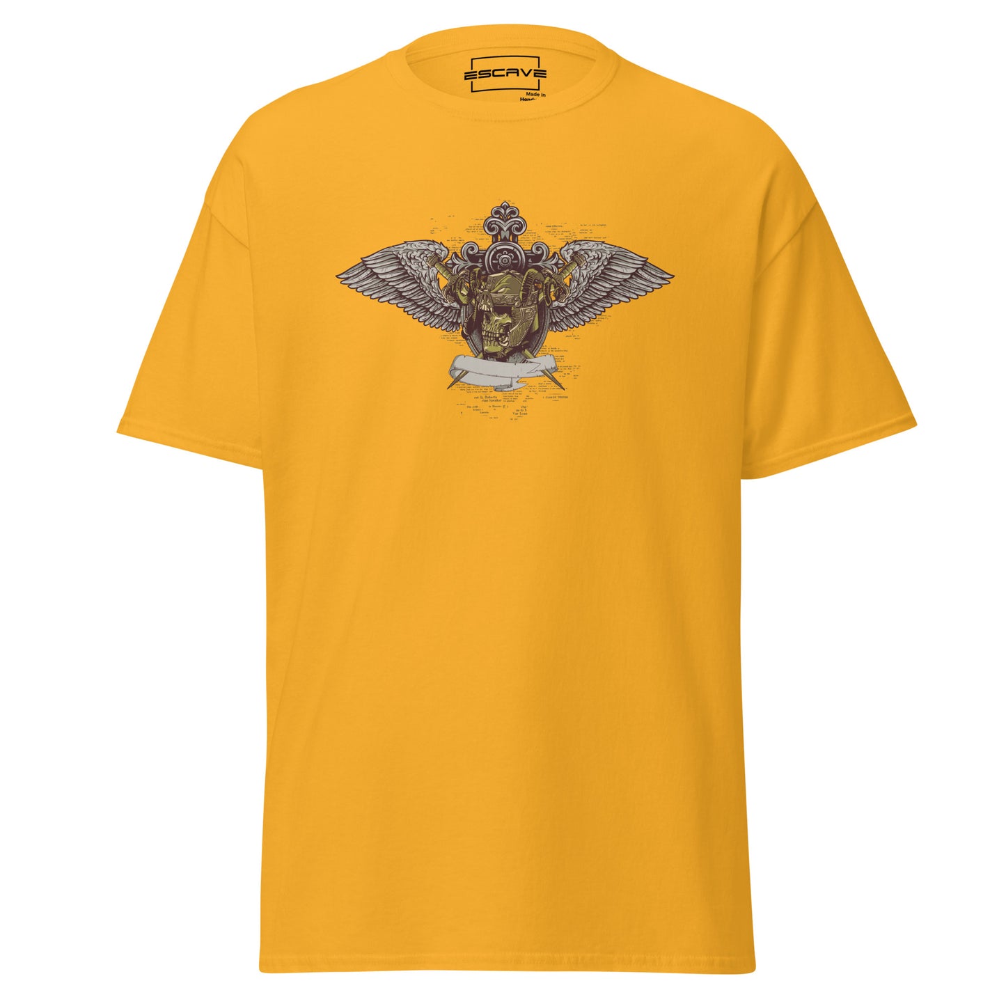 winged skull emblem unisex t-shirt featuring a golden skull in an intricate emblem with outstretched wings, vintage banner, and gothic ornamental patterns.