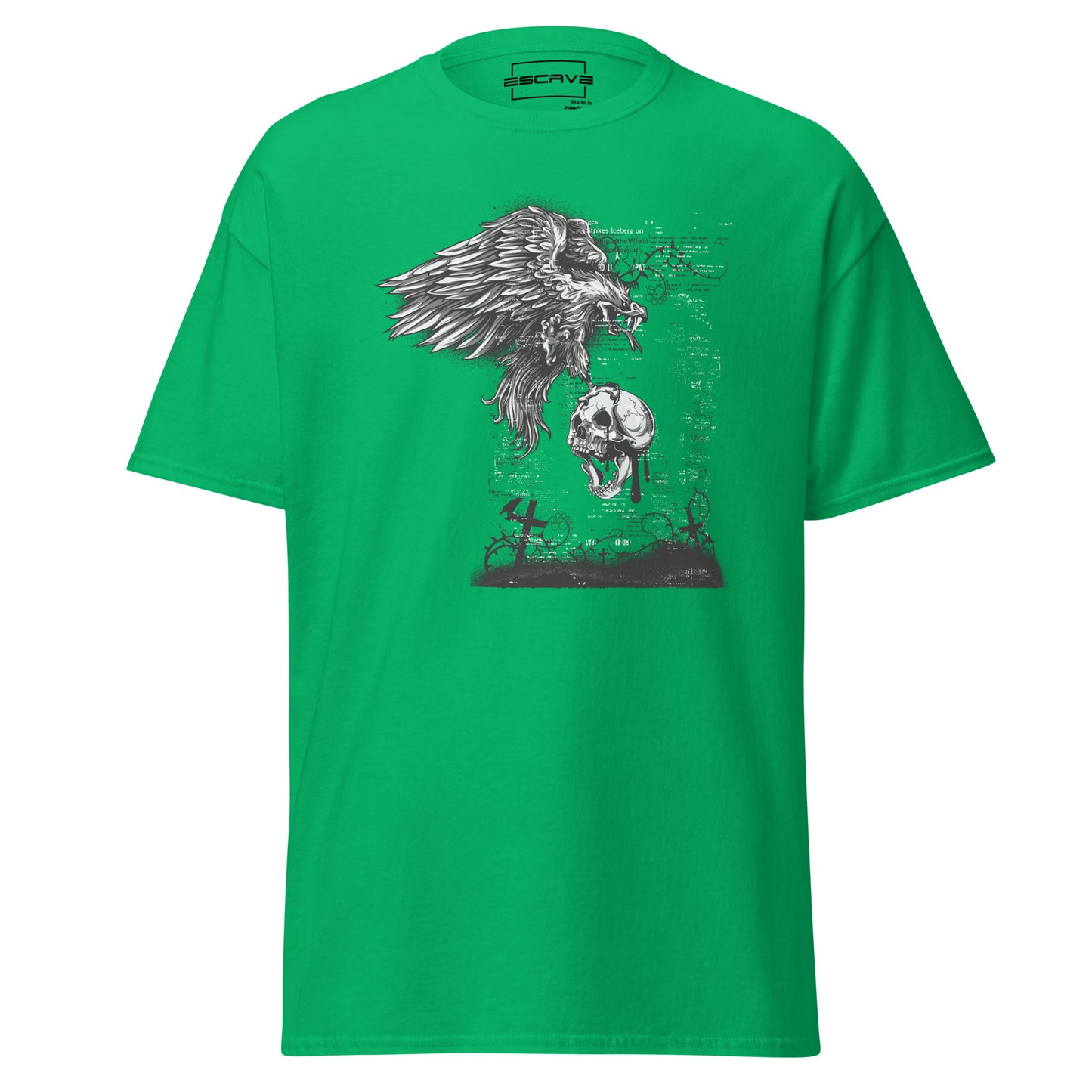 t-shirt featuring a powerful design of a soaring bird of prey above a detailed skull, symbolizing strength, freedom, and resilience.