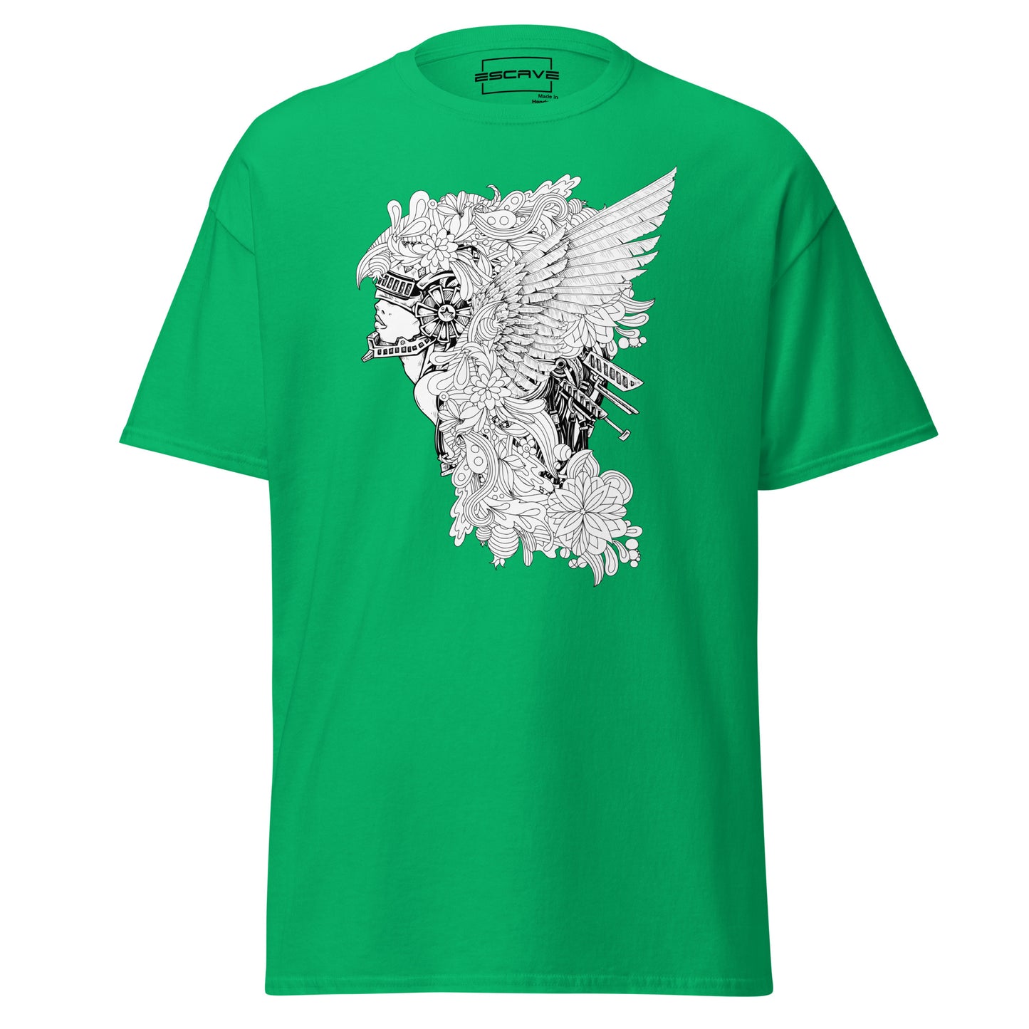 winged fusion floral-mech art t-shirt featuring a unique design blending wings, floral patterns, and mechanical details with a mythological face or helmet.