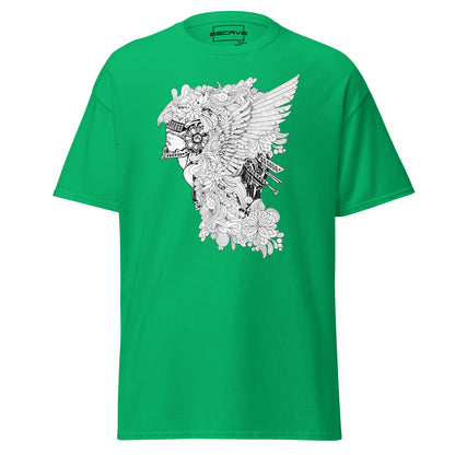 Winged Fusion Floral-Mech Art T-Shirt featuring a unique design blending wings, floral patterns, and mechanical details with a mythological face or helmet.