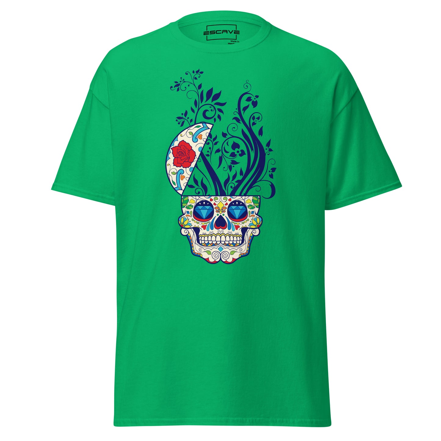 premium t-shirt featuring a vibrant sugar skull graphic, made from 100% cotton for a soft, comfortable fit.