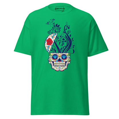 premium T-shirt featuring a vibrant sugar skull graphic, made from 100% cotton for a soft, comfortable fit.