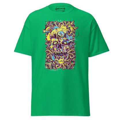 Unisex classic T-shirt featuring a bold design of a monster skull with curling horns, made from 100% cotton for a soft, comfortable fit.