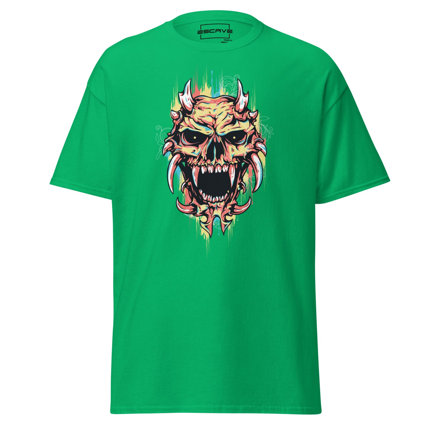 t-shirt featuring a bold design of a fierce demonic skull with sharp horns, intricate gothic details, and vivid, fiery accents