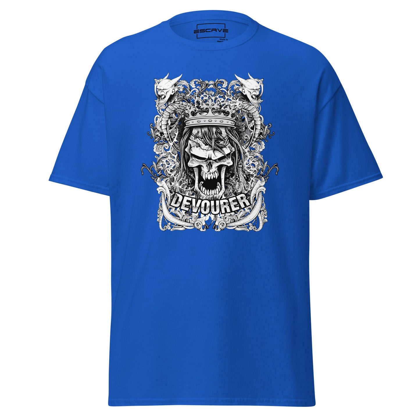 gothic t-shirt featuring a crowned skull with intricate baroque frame details and fierce demon horns, blending dark elegance with bold, modern design elements.