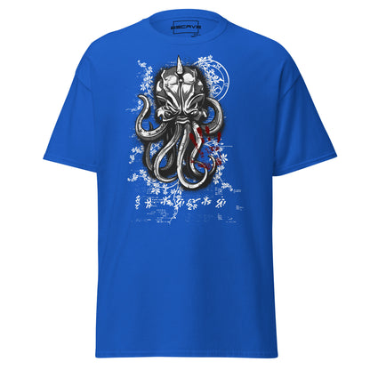 Evil Octopus Mask Tentacle Terror T-Shirt featuring a sinister octopus with a mysterious mask and coiled tentacles, symbolizing nautical folklore and dark, bold aesthetics.