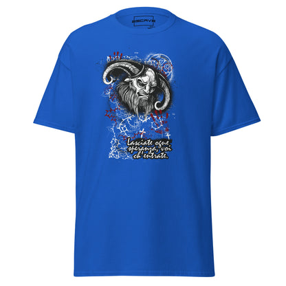 T-shirt featuring a bold graphic of a devil, Satan, and hell-themed skull, made from 100% cotton for a comfortable fit.