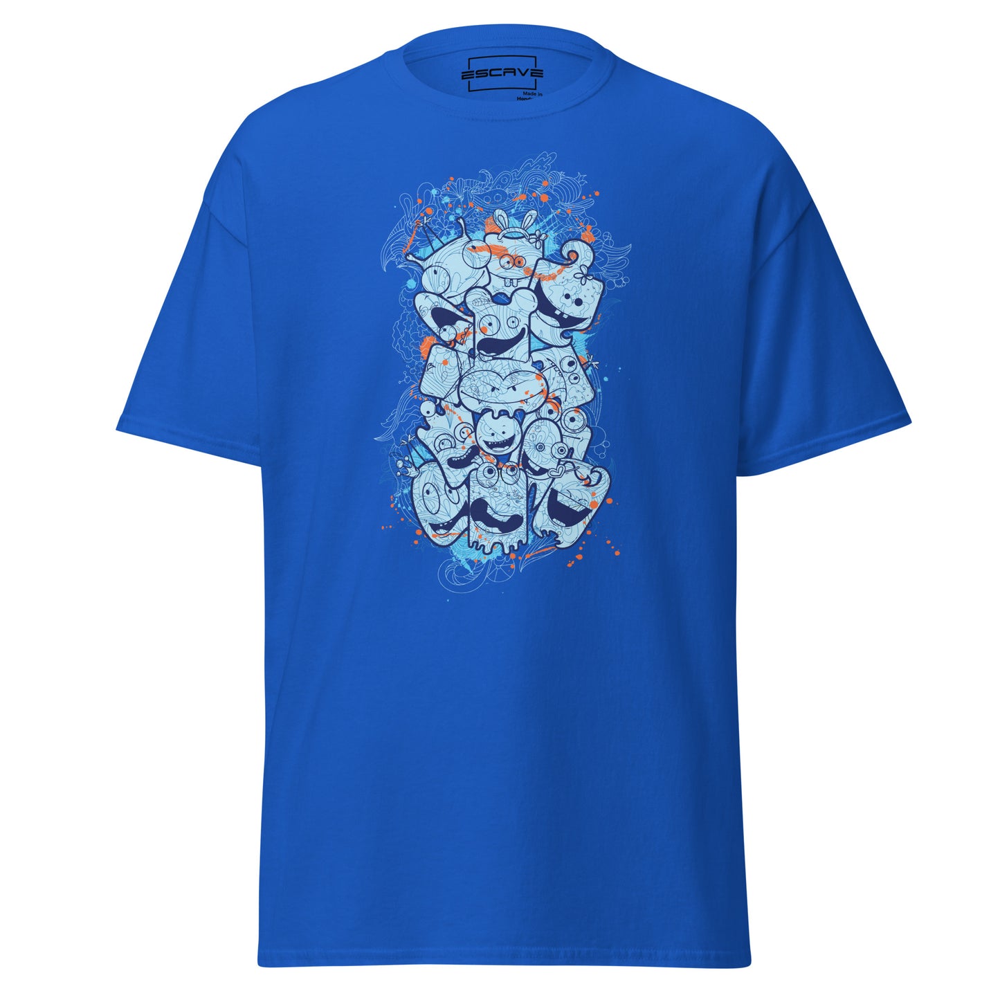 abstract graphic t-shirt featuring a vibrant doodle-style design of quirky cartoon faces and intricate patterns in blue and orange tones, set against a solid background. perfect for bold and creative fashion statements.