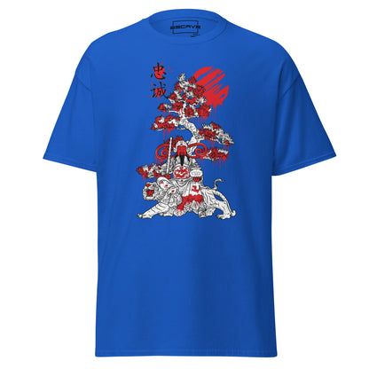 Unisex T-shirt featuring a detailed illustration of a mystical Japanese knight in traditional armor, with vibrant fantasy elements and a warrior spirit, crafted from 100% cotton for comfort and durability.