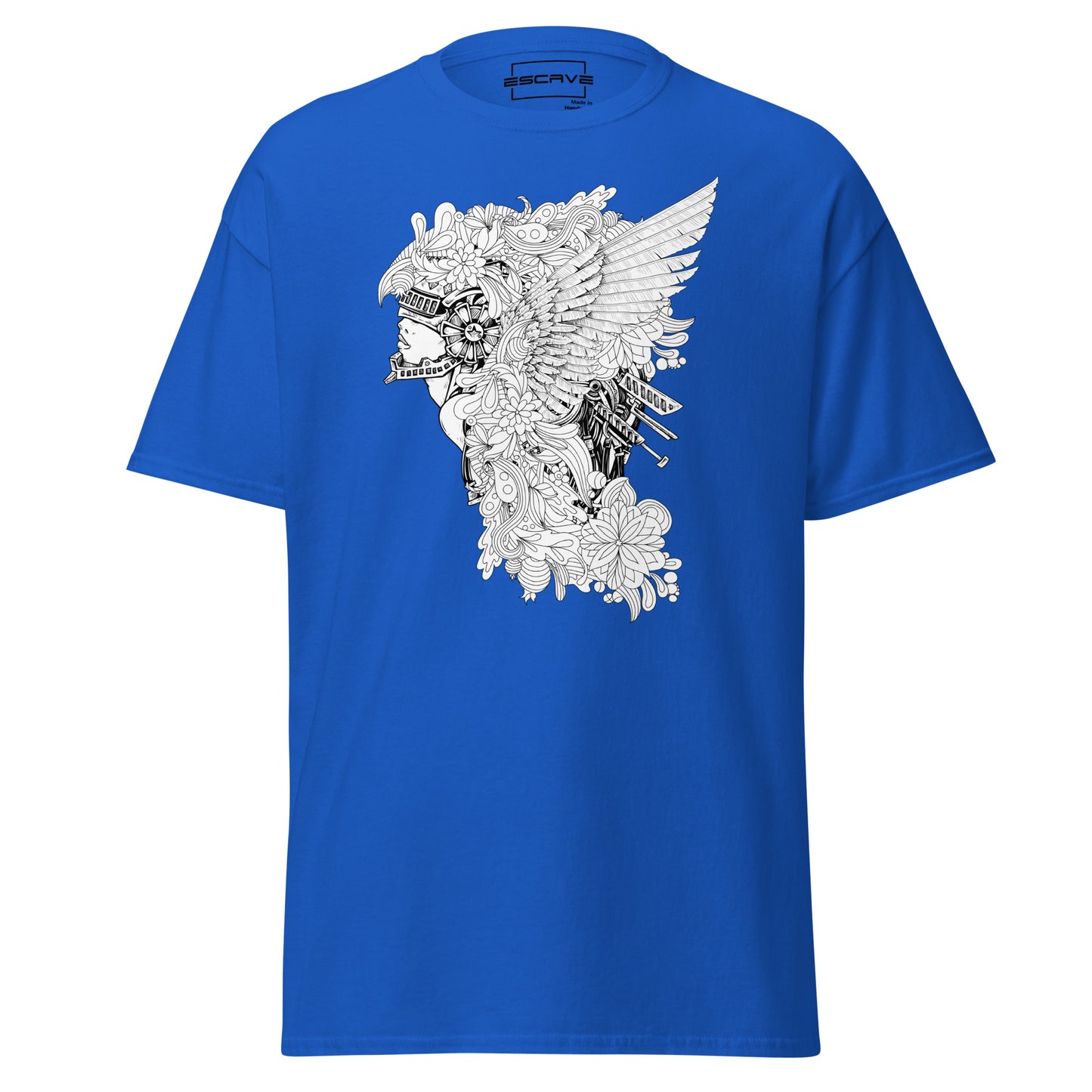 winged fusion floral-mech art t-shirt featuring a unique design blending wings, floral patterns, and mechanical details with a mythological face or helmet.