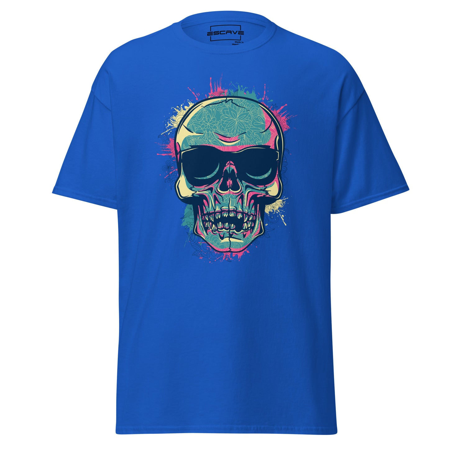 colourful skull graphic t-shirt featuring an intricately designed skull with detailed engravings, sunglasses, and dynamic splatter effects around it. a bold, artistic statement piece.