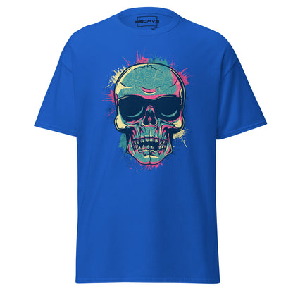 Colourful skull graphic T-shirt featuring an intricately designed skull with detailed engravings, sunglasses, and dynamic splatter effects around it. A bold, artistic statement piece.