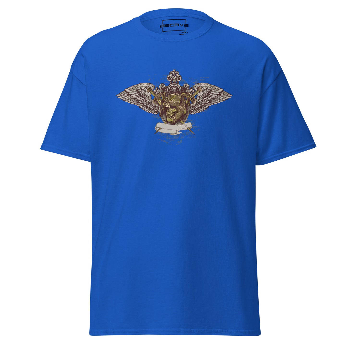 winged skull emblem unisex t-shirt featuring a golden skull in an intricate emblem with outstretched wings, vintage banner, and gothic ornamental patterns.