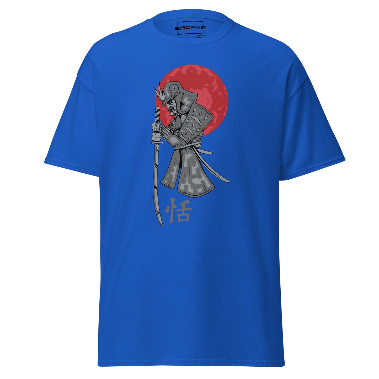 the samurai blood moon t-shirt features a fearsome samurai's katana and a crimson glowing moon against blood-red skies, symbolizing strength, honor, and ancient legends. a bold design for those who embrace the warrior spirit.