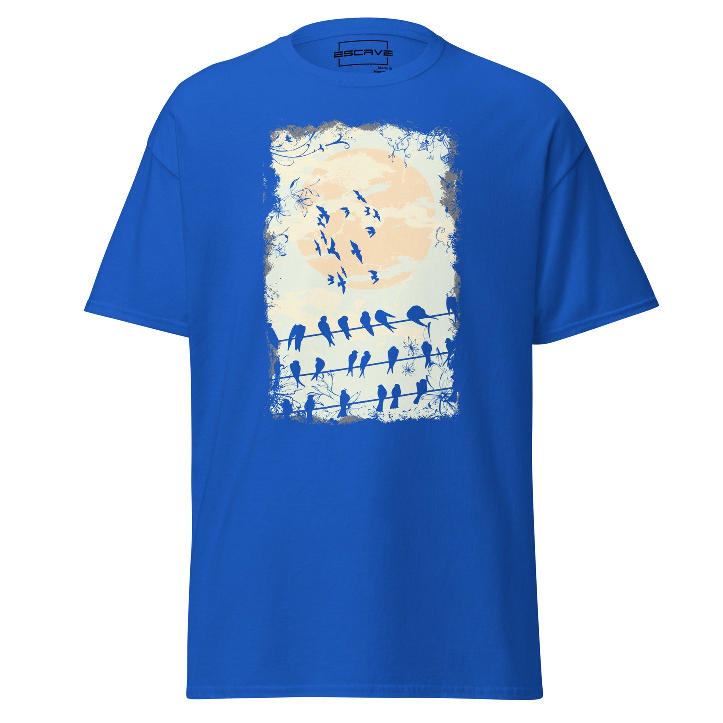 birds at twilight t-shirt featuring silhouettes of birds perched on wires against a glowing moonlit sky, symbolizing freedom, connection, and the beauty of nature's transitions