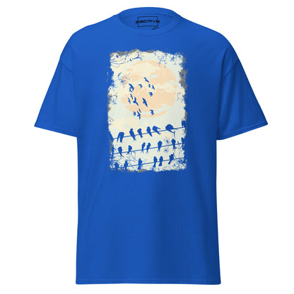 Birds at Twilight T-Shirt featuring silhouettes of birds perched on wires against a glowing moonlit sky, symbolizing freedom, connection, and the beauty of nature's transitions