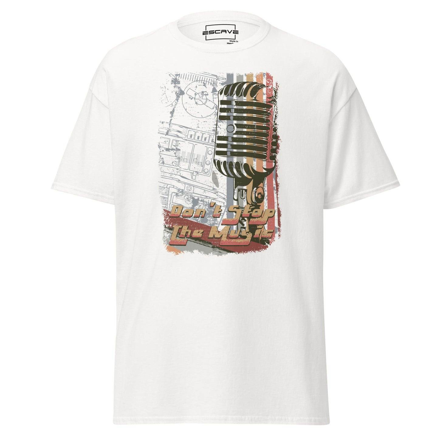 t-shirt with bold 'don't stop the music' typography and edgy graphic elements, designed for music enthusiasts and modern streetwear fans.