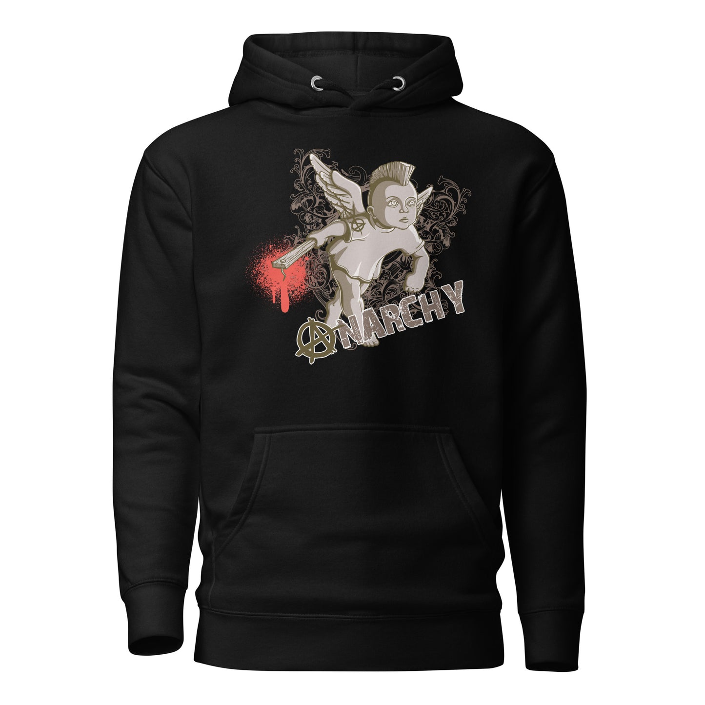 anarchy funk angel men’s hoodie featuring a striking angelic figure infused with anarchic energy, combining celestial grace and bold rebellion with a relaxed fit, spacious kangaroo pocket, and adjustable hood.