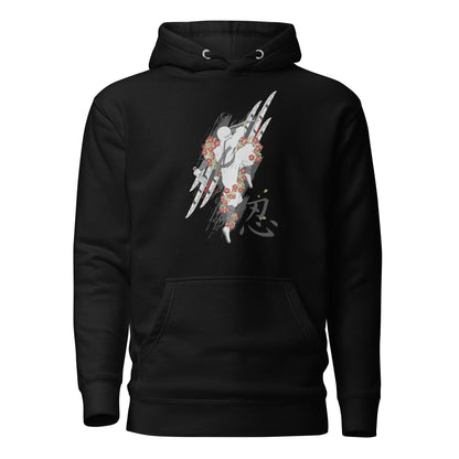 Ninja's Rose Blade unisex hoodie featuring a striking design of a rose intertwined with a razor-sharp blade, blending strength and beauty in a bold, stylish look.