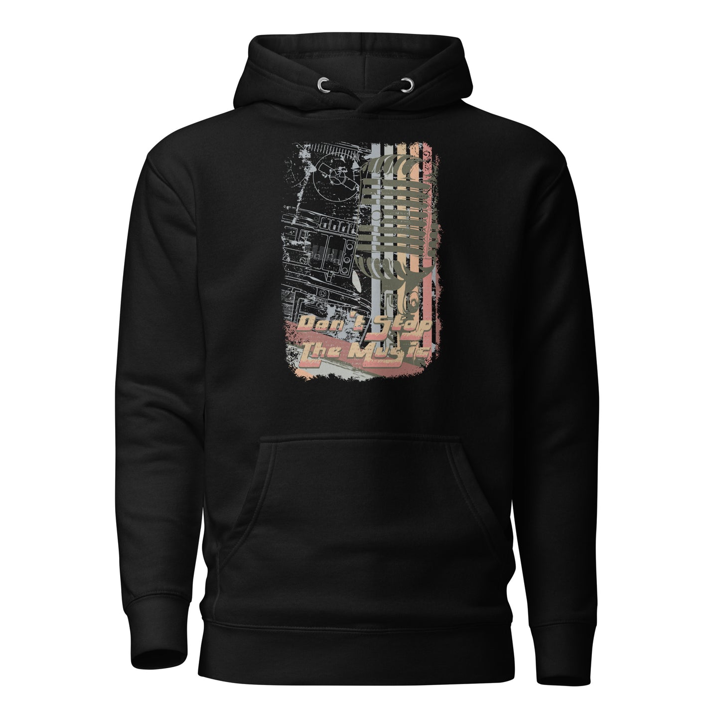 don't stop the music unisex hoodie featuring a bold graphic design with vibrant, dynamic elements, symbolizing energy and passion for music, with a spacious hood, kangaroo pocket, and soft, high-quality fabric.