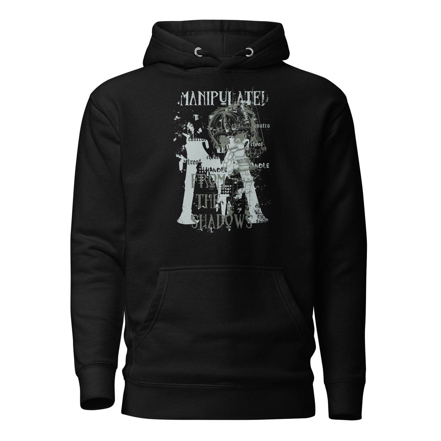 manipulate doll controller men's hoodie featuring a unique design of hands gripping strings, controlling a puppet, symbolizing power and control, perfect for bold, confident style.