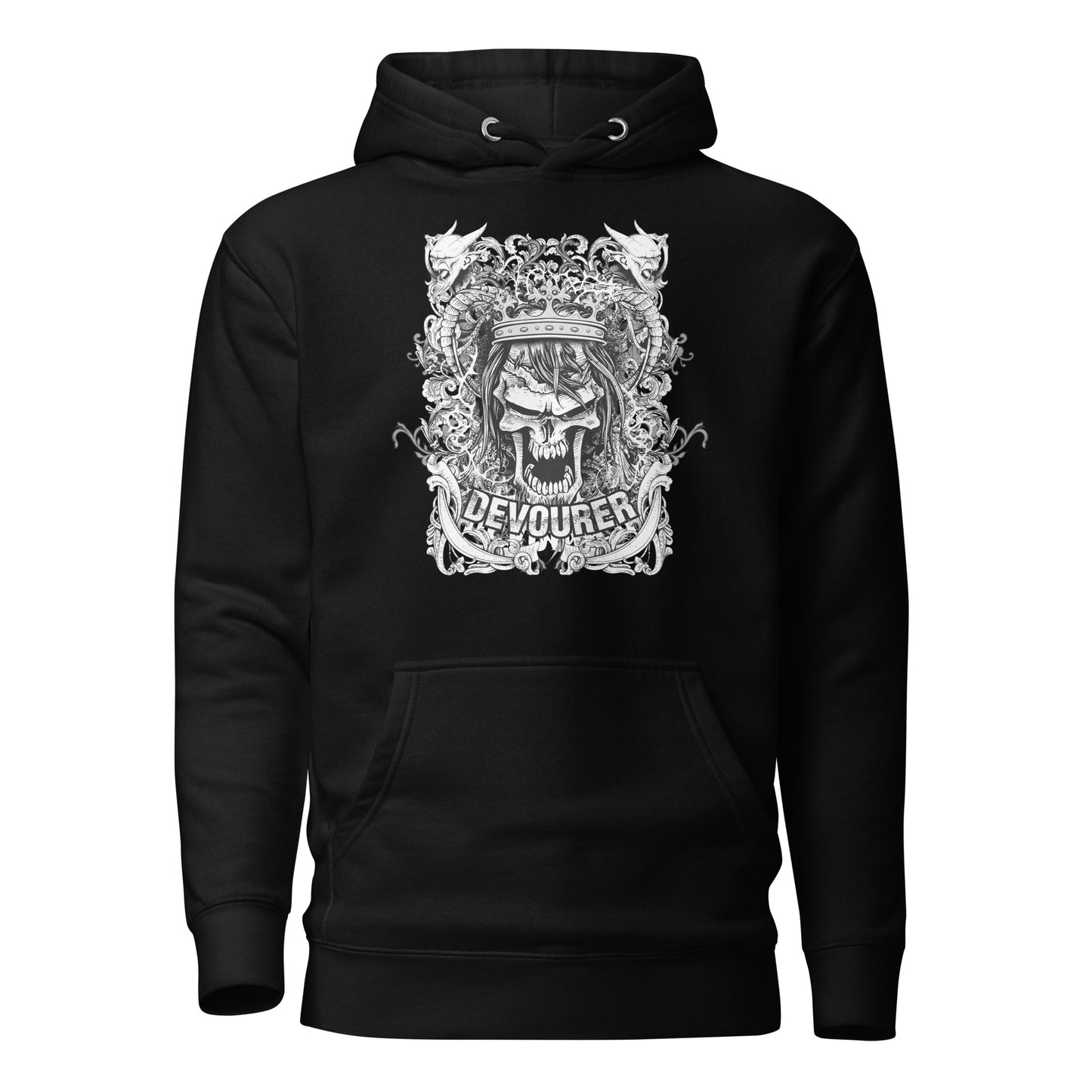 devourer unisex hoodie featuring a bold, intricate graphic design in dark, moody tones, radiating raw energy and confidence, with an oversized hood, roomy front pocket, and comfortable, durable fabric.