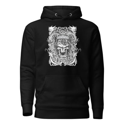 Devourer Unisex Hoodie featuring a bold, intricate graphic design in dark, moody tones, radiating raw energy and confidence, with an oversized hood, roomy front pocket, and comfortable, durable fabric.