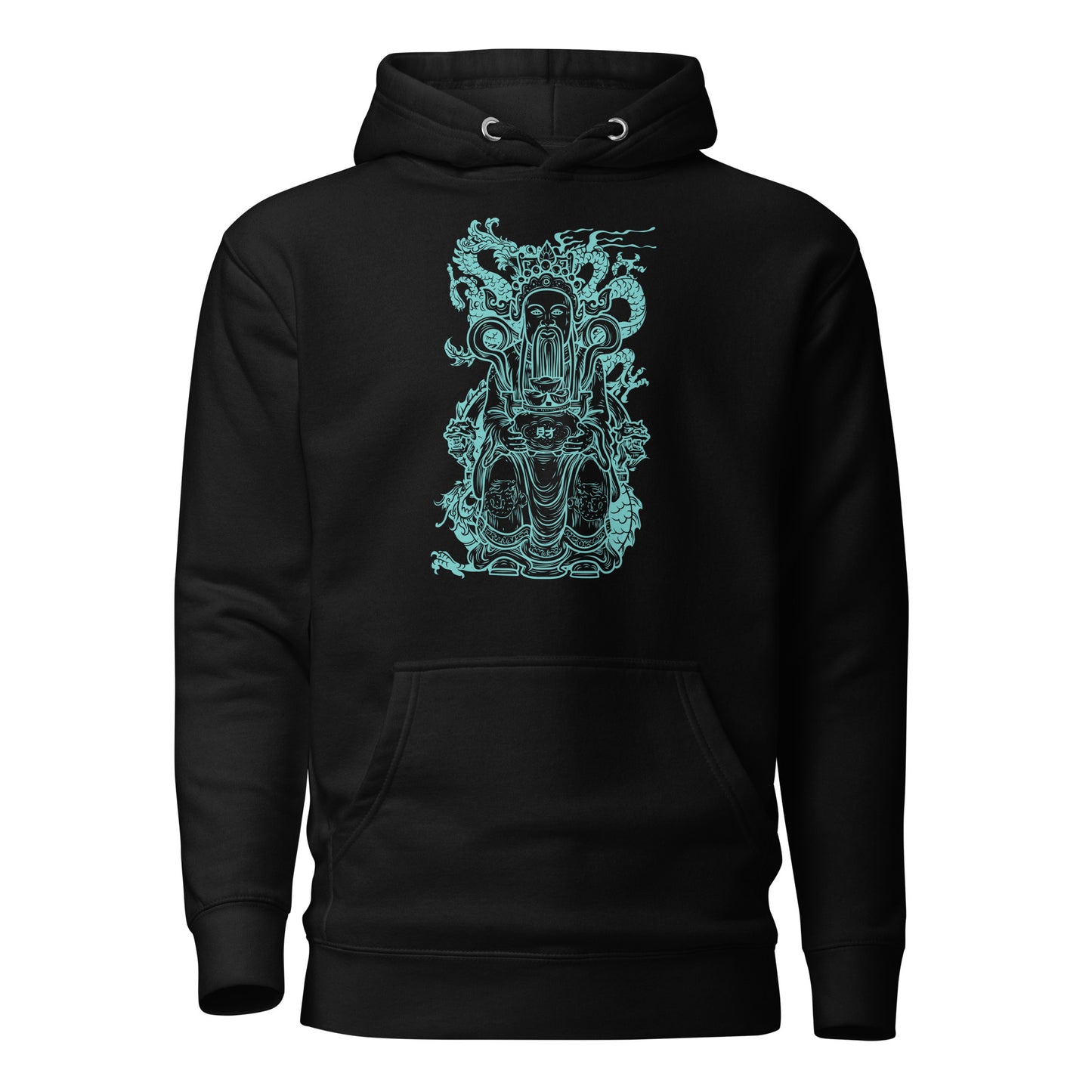 the eastern deity dragon hoodie featuring a glowing aqua design of a serene deity surrounded by a majestic dragon, symbolizing balance, strength, and protection. set against deep black fabric, this intricate hoodie blends mythology-inspired art with soft, durable comfort, making it a bold statement piece.