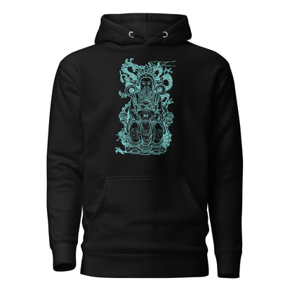 The Eastern Deity Dragon Hoodie featuring a glowing aqua design of a serene deity surrounded by a majestic dragon, symbolizing balance, strength, and protection. Set against deep black fabric, this intricate hoodie blends mythology-inspired art with soft, durable comfort, making it a bold statement piece.