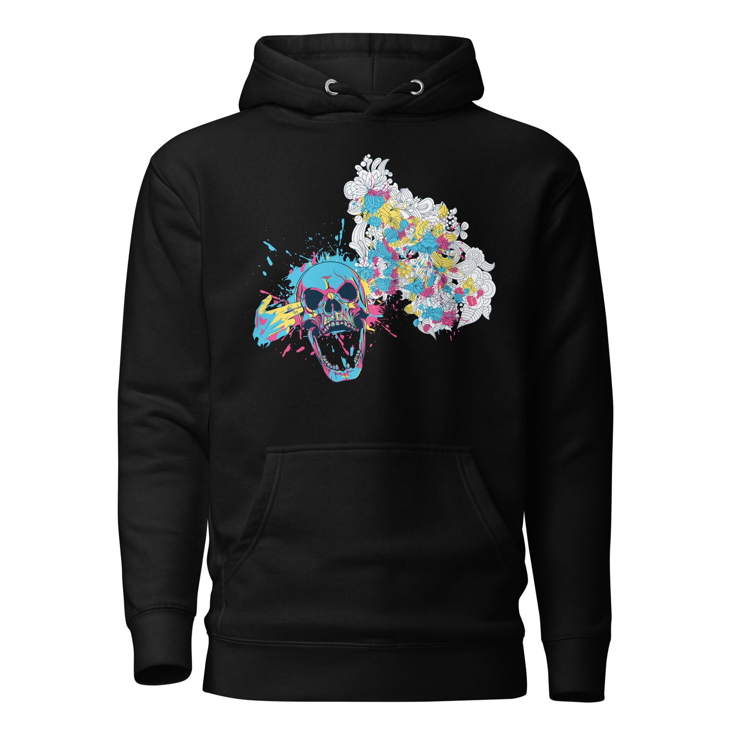 color splash floral skull hoodie featuring a bold skull graphic surrounded by vibrant, colorful flowers, blending edgy design with natural beauty for a unique, eye-catching style.