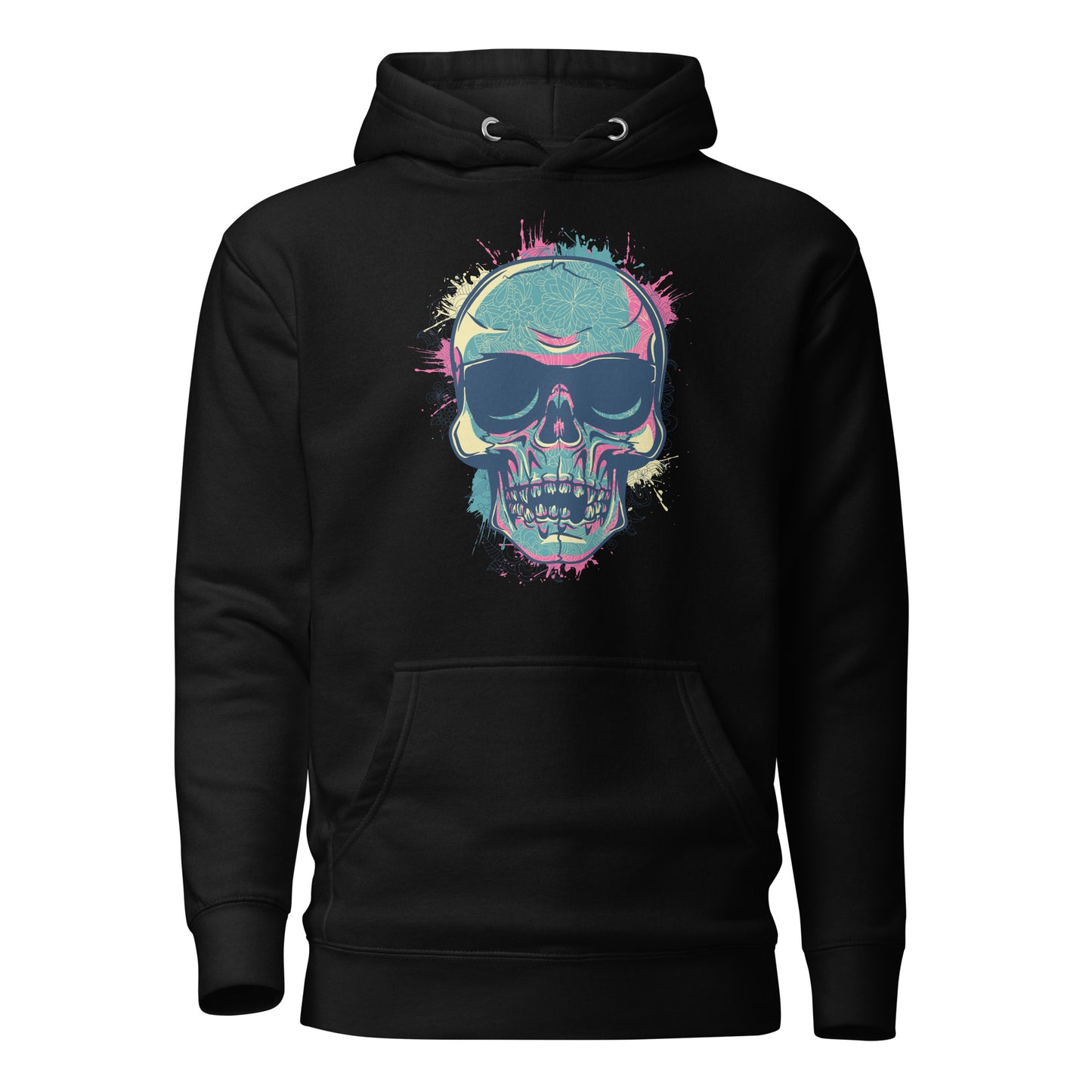 hippie sunglasses skull men’s hoodie featuring a bold skull design with vibrant hippie sunglasses, symbolizing free-spirited individuality and rebellion, crafted for comfort with a spacious hood and front pocket.