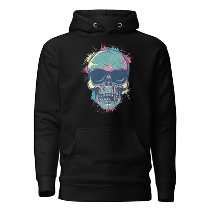 Hippie Sunglasses Skull Men’s Hoodie featuring a bold skull design with vibrant hippie sunglasses, symbolizing free-spirited individuality and rebellion, crafted for comfort with a spacious hood and front pocket.