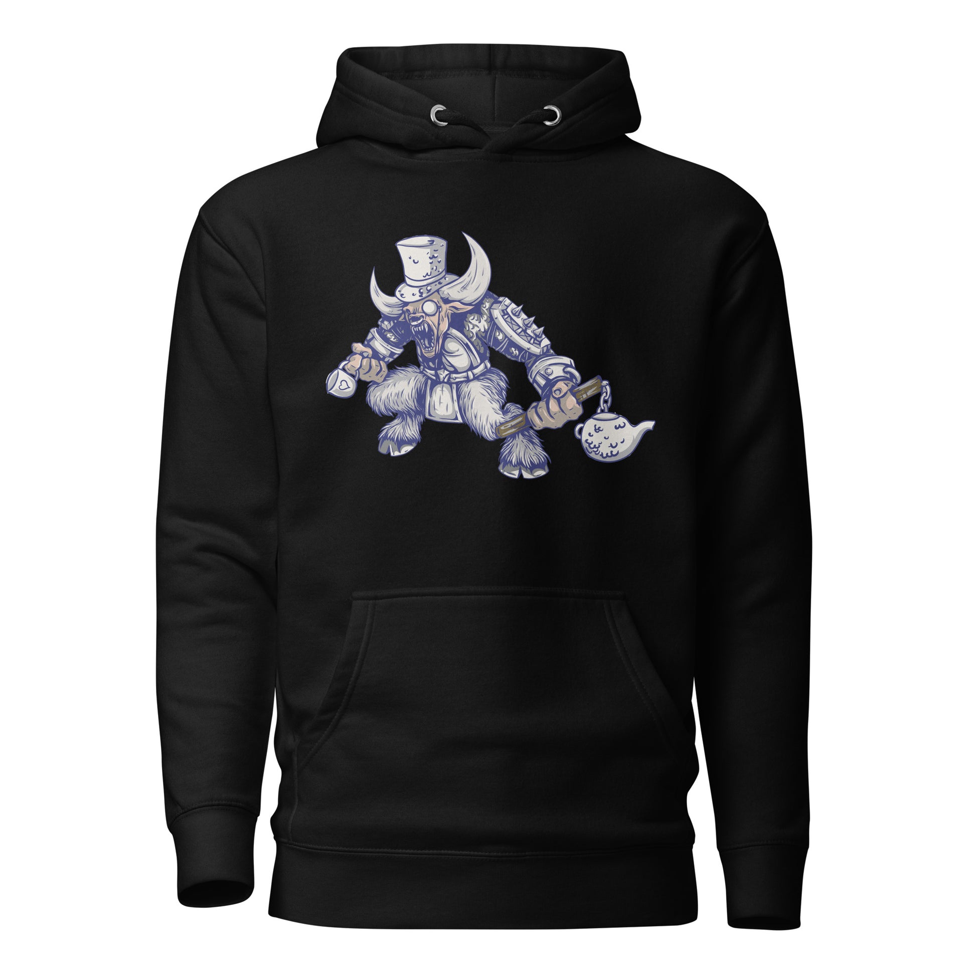 Skull Tea Party Titan Hoodie featuring an intricate skull design adorned with teacups, teapots, and swirling steam, blending bold artistry with whimsical elegance for a striking and unique look.