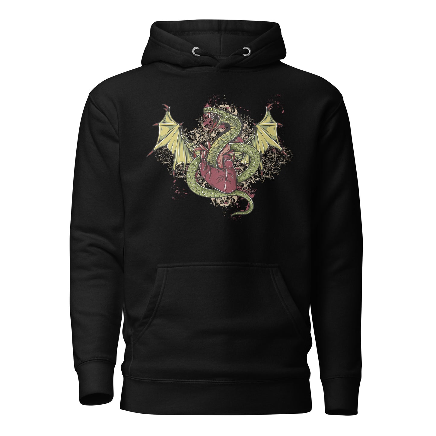 the dragon heart hoodie featuring a vibrant green and yellow dragon entwined around a red heart, symbolizing strength, resilience, and vulnerability. intricate details and floral accents add mysticism and balance, set on soft, premium fabric for comfort and standout style.