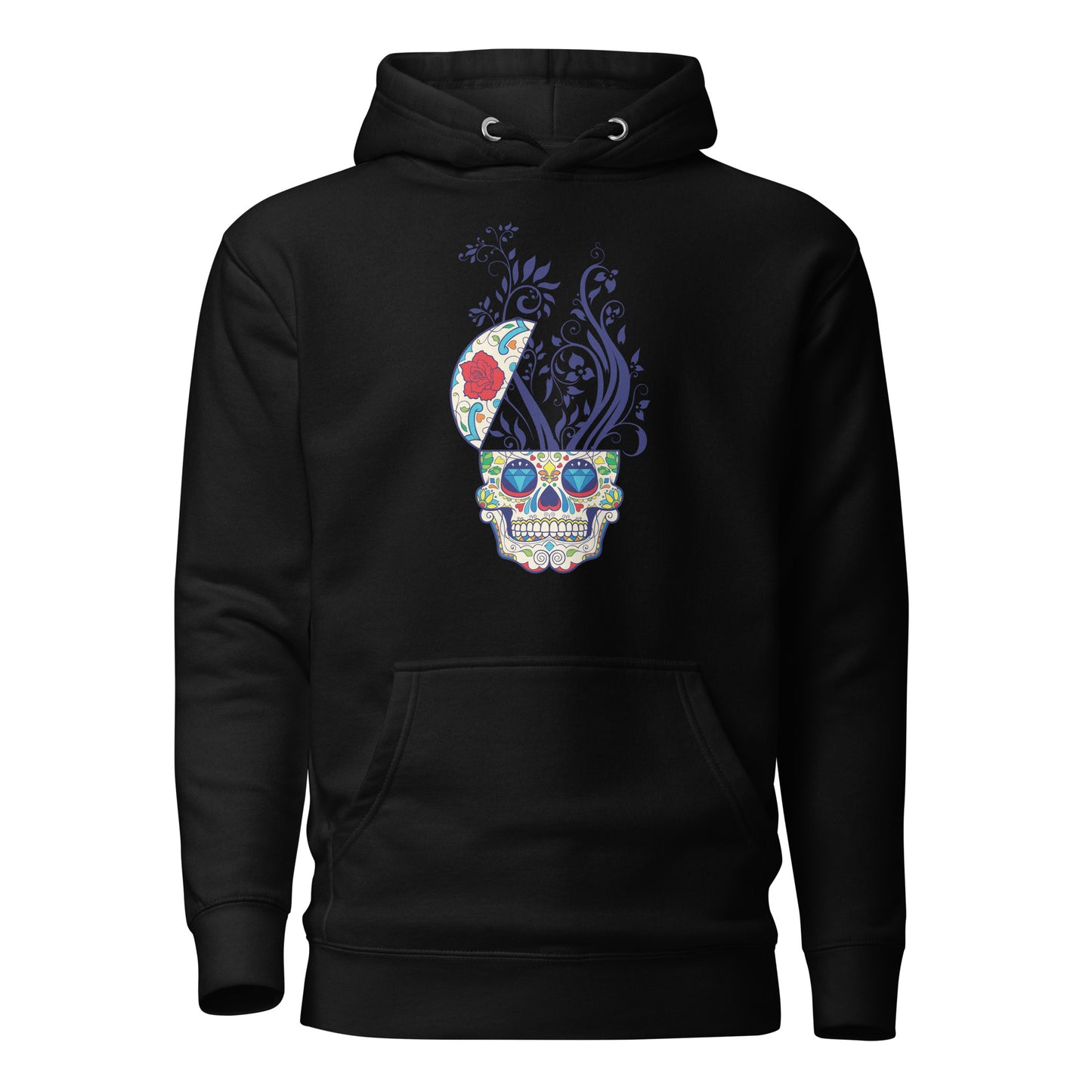 a sophisticated floral skull reverie unisex hoodie featuring a detailed skull adorned with blooming florals. this premium hoodie combines soft-touch fabric with a striking design, offering comfort and style. perfect for those who embrace elegance and edge in their fashion.