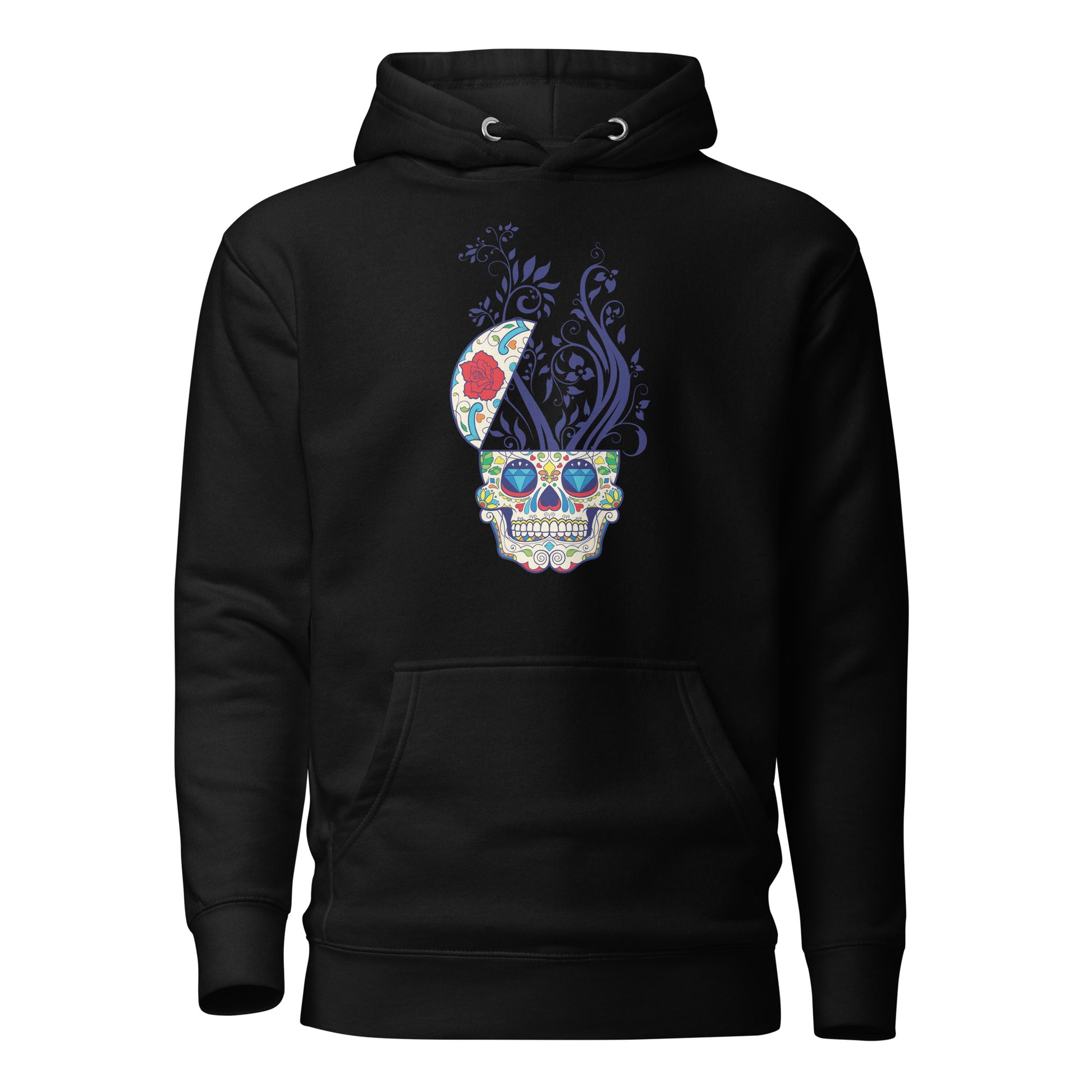 A sophisticated Floral Skull Reverie Unisex Hoodie featuring a detailed skull adorned with blooming florals. This premium hoodie combines soft-touch fabric with a striking design, offering comfort and style. Perfect for those who embrace elegance and edge in their fashion.