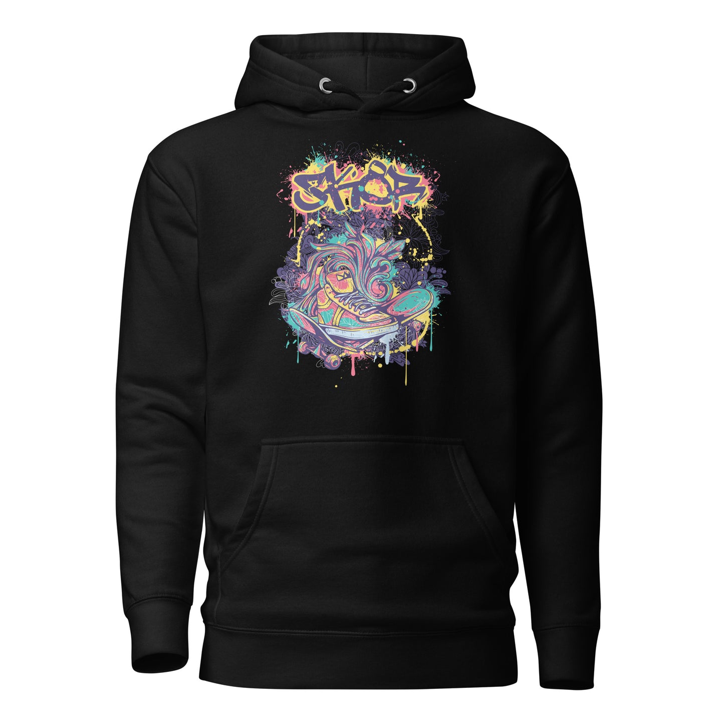 broken skateboard street art pullover hoodie featuring a bold, graffiti-inspired design of a shattered skateboard, blending urban creativity and skate culture with comfort and style.