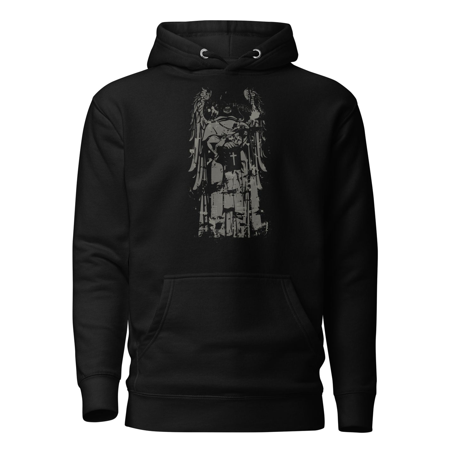 cross scary angel men's hoodie with a sacred angel and cross design on the back, featuring bold and intricate details, perfect for streetwear style.