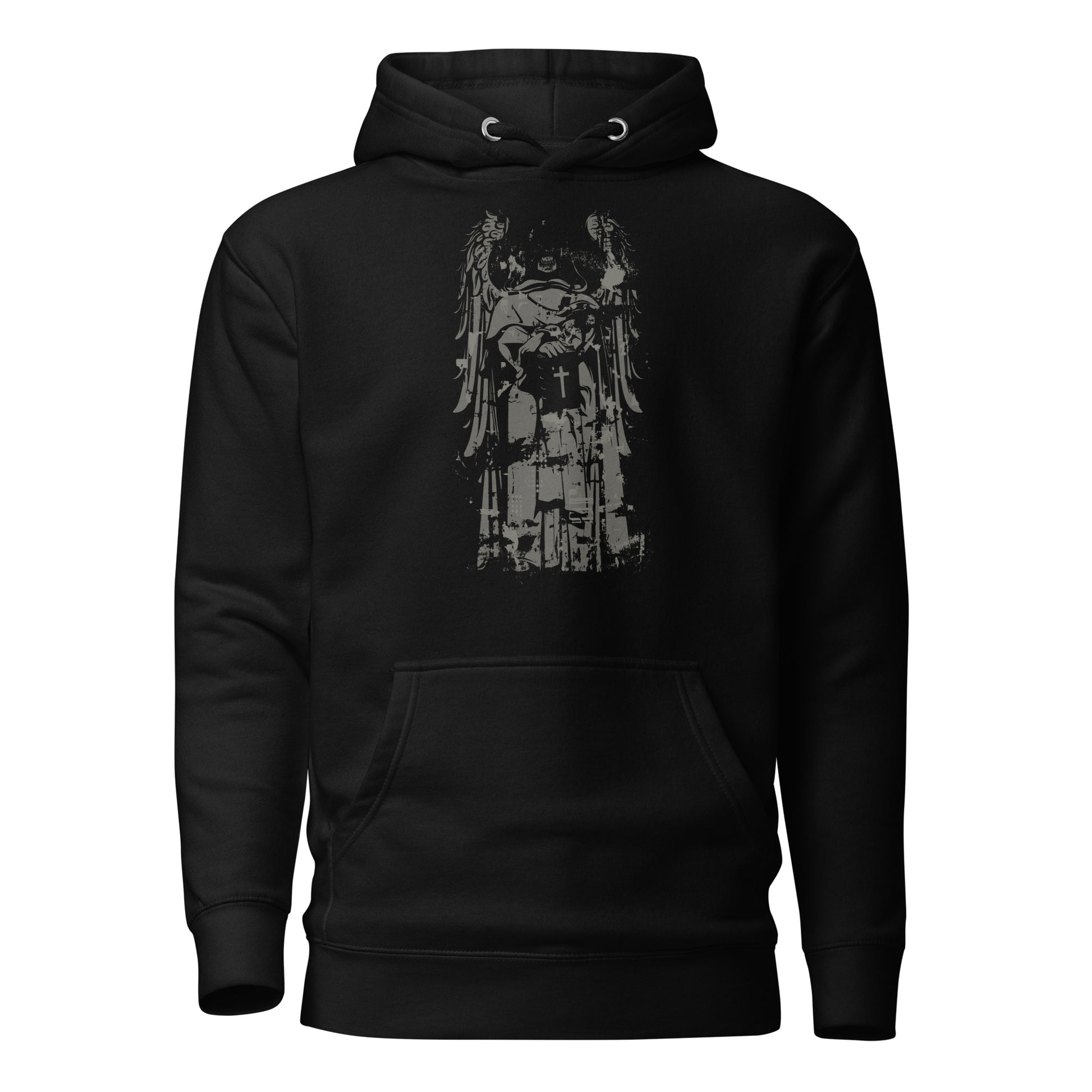 Cross Scary Angel Men's Hoodie with a sacred angel and cross design on the back, featuring bold and intricate details, perfect for streetwear style.