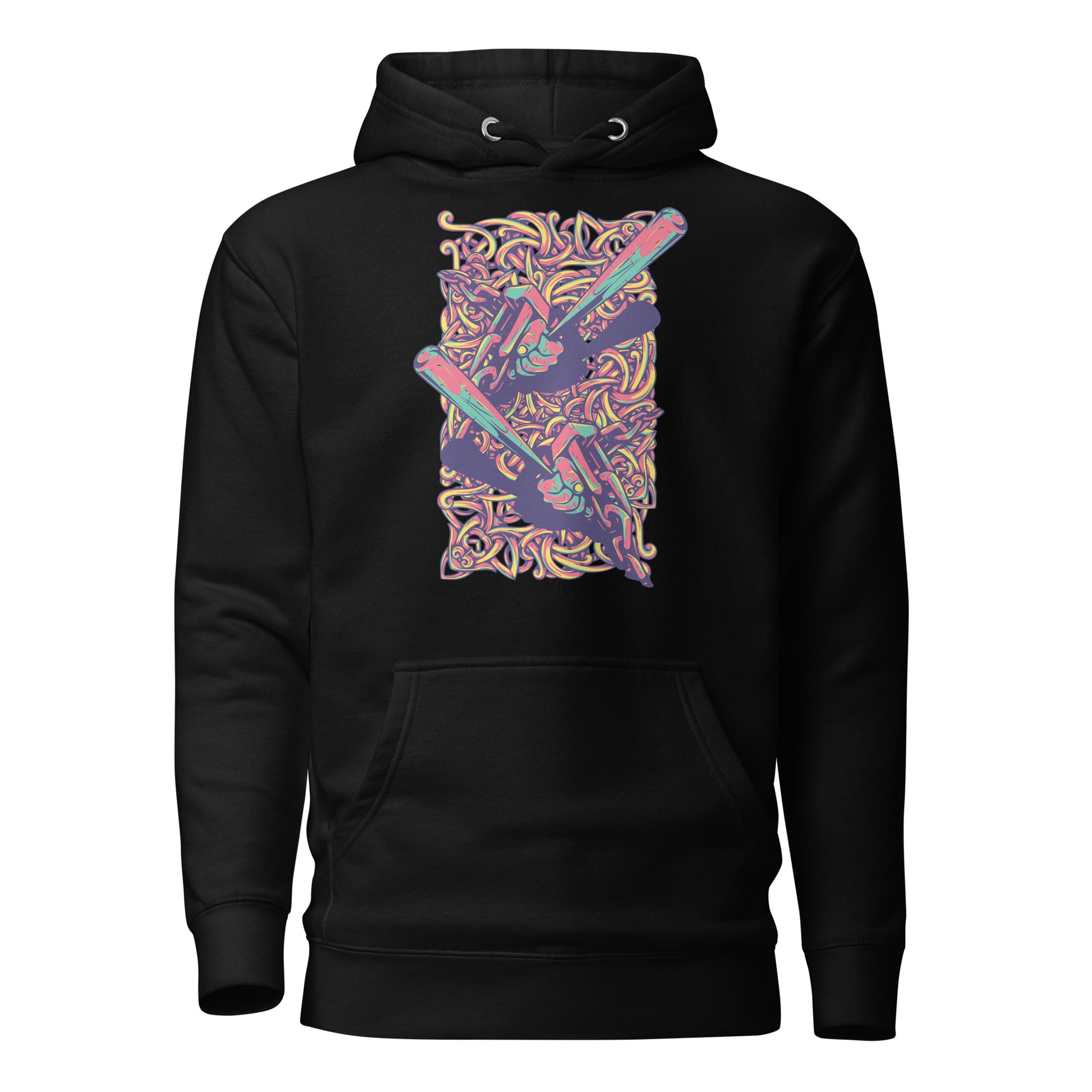 Batting Bliss Unisex Hoodie featuring a bold design, spacious kangaroo pocket, and cozy hood, perfect for baseball fans and players, combining comfort and style.