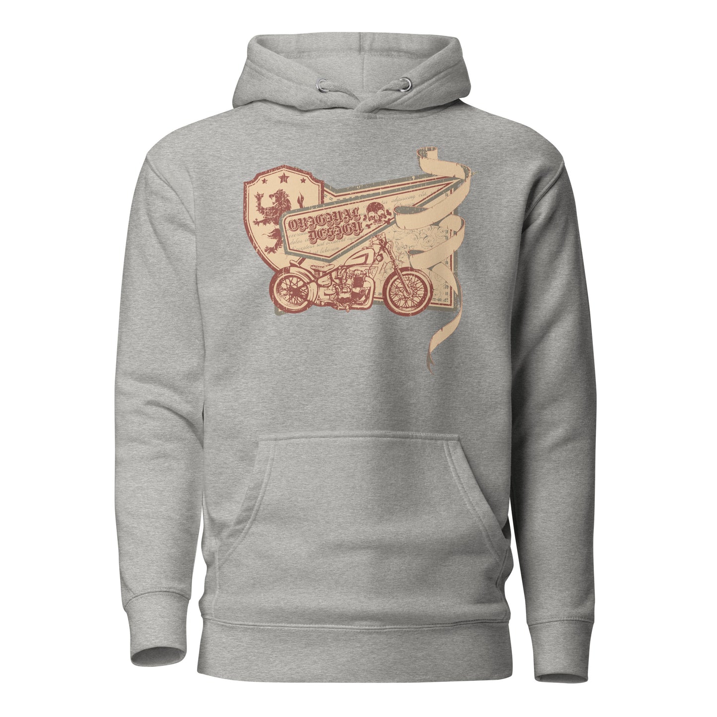 vintage label motorcycle hoodie featuring a retro motorcycle graphic and distressed label design, inspired by classic motorcycle culture, crafted for comfort and a timeless, rugged look.