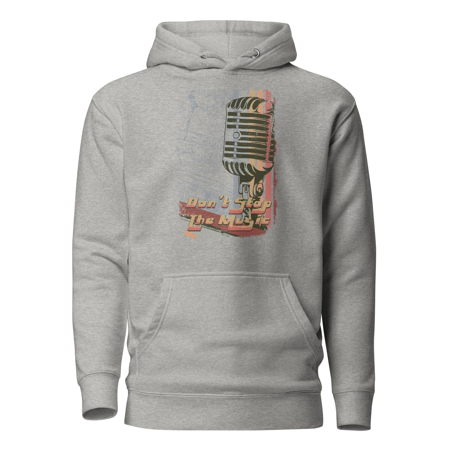 don't stop the music unisex hoodie featuring a bold graphic design with vibrant, dynamic elements, symbolizing energy and passion for music, with a spacious hood, kangaroo pocket, and soft, high-quality fabric.