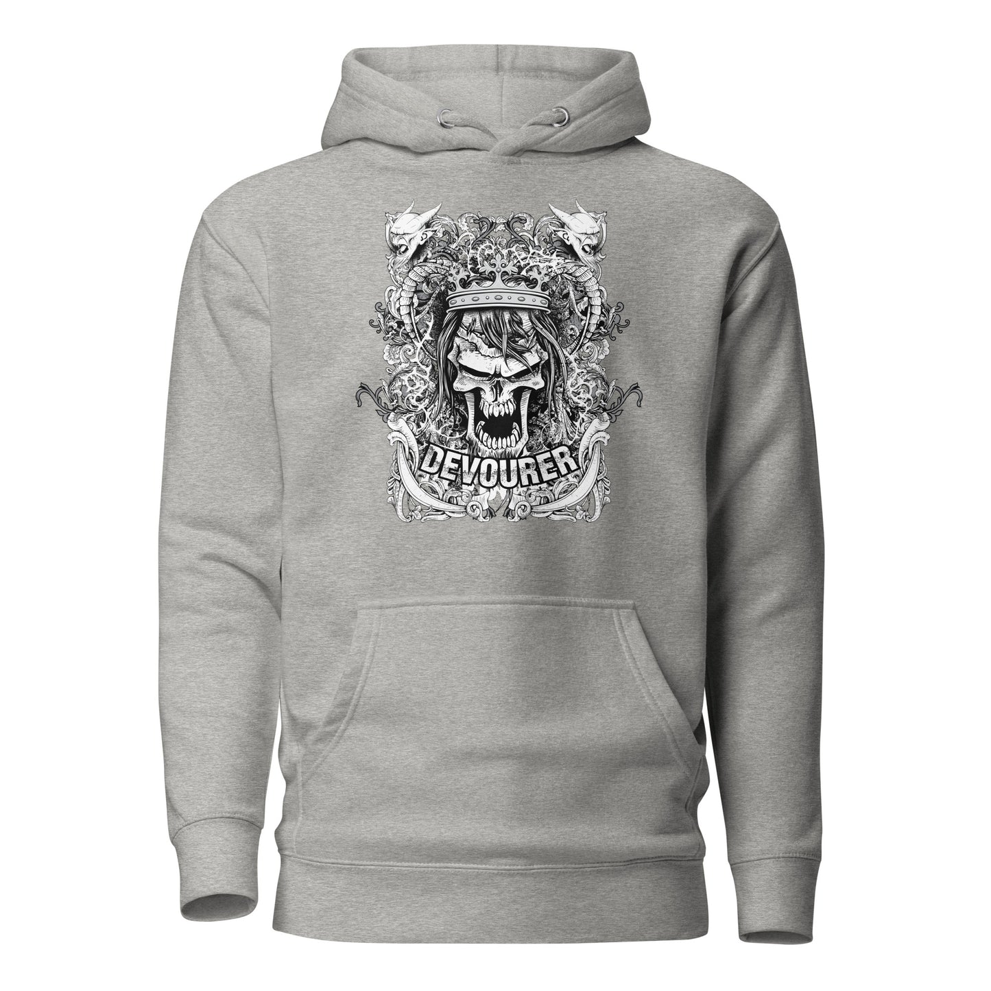 devourer unisex hoodie featuring a bold, intricate graphic design in dark, moody tones, radiating raw energy and confidence, with an oversized hood, roomy front pocket, and comfortable, durable fabric.