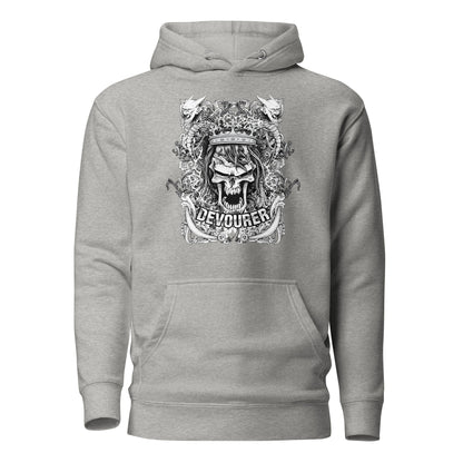 Devourer Unisex Hoodie featuring a bold, intricate graphic design in dark, moody tones, radiating raw energy and confidence, with an oversized hood, roomy front pocket, and comfortable, durable fabric.